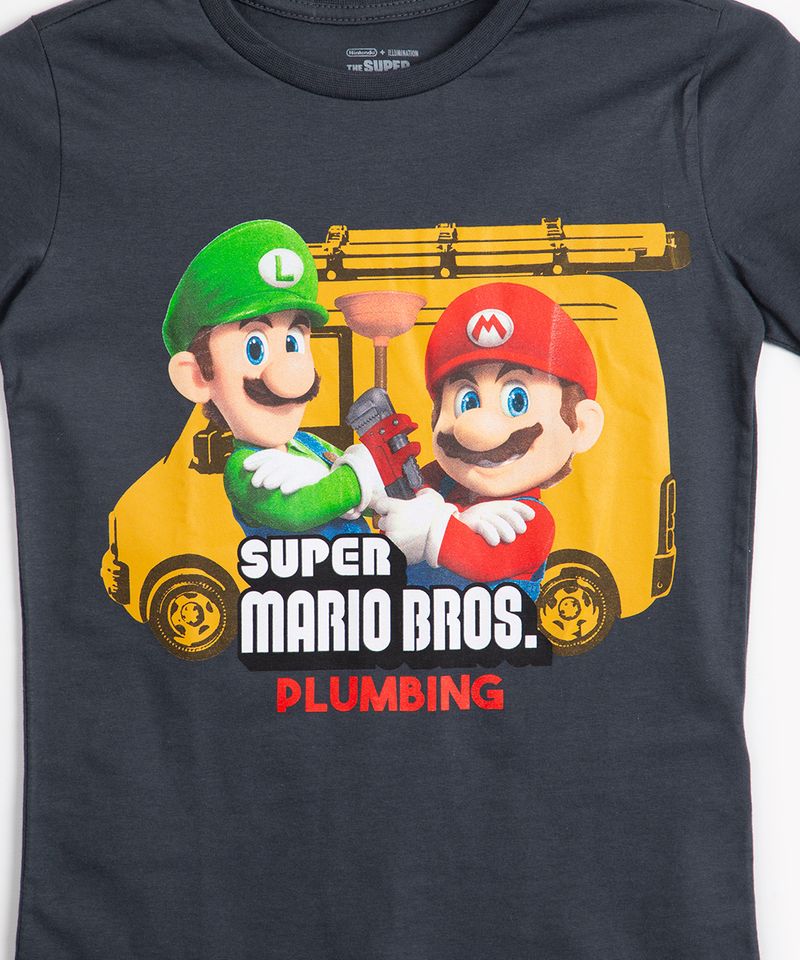 Camiseta Infantil Manga Curta Super Star Mario Bros Cinza Mescla Chumbo Tam  4 a 10