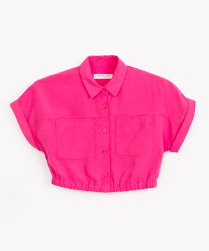 blusa com linho infantil e bolsos manga curta pink