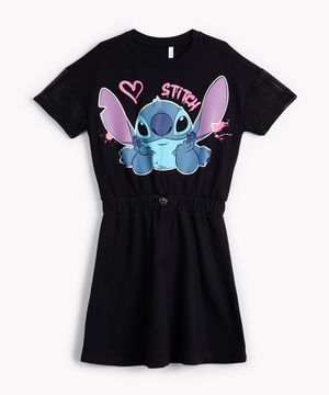 vestido de algodão infantil Stitch manga curta em tela preto