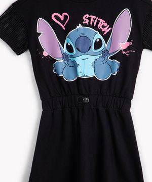 vestido de algodão infantil Stitch manga curta em tela preto