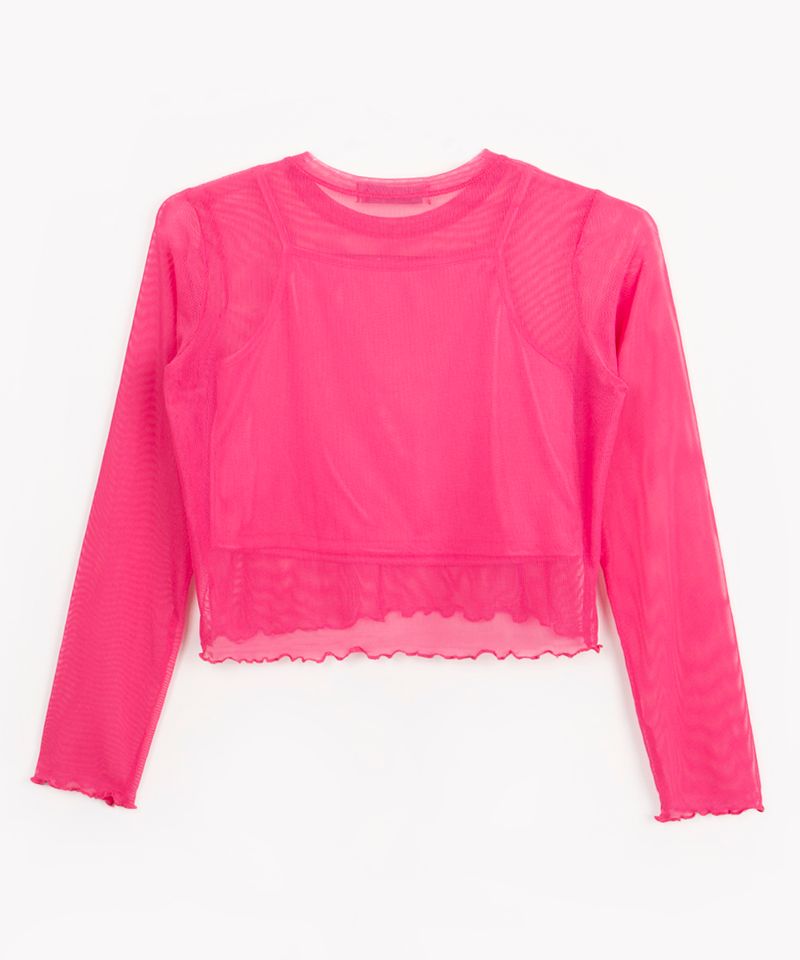 blusa de tule juvenil com brilho manga longa preta - C&A