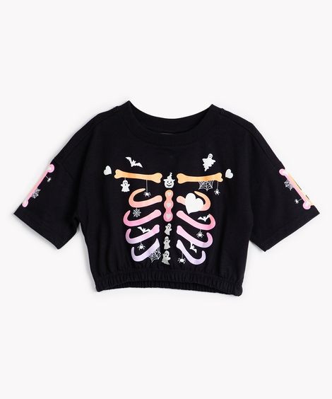 blusa de algodão infantil esqueleto manga curta preta