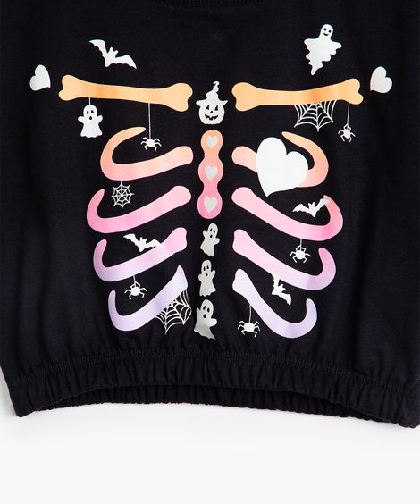 blusa de algodão infantil esqueleto manga curta preta