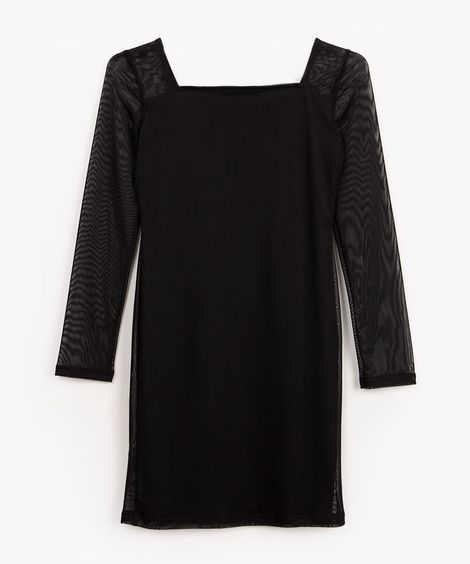 vestido de tule juvenil com recortes manga longa preto