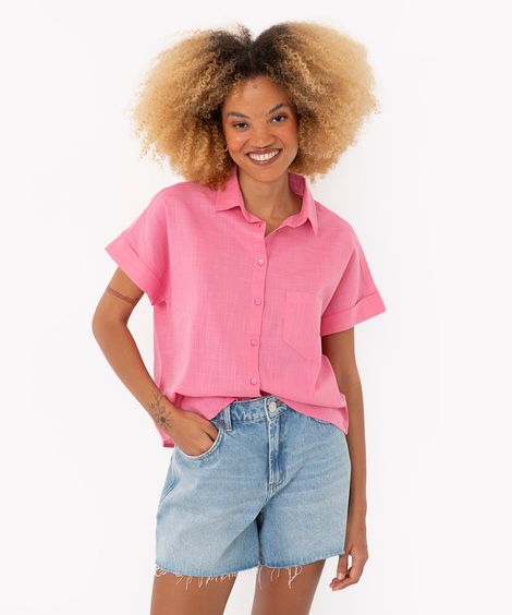 camisa de algodão com bolso manga curta rosa