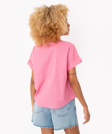 camisa de algodão com bolso manga curta rosa