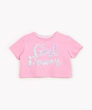 blusa de algodão infantil girl power manga curta rosa chiclete