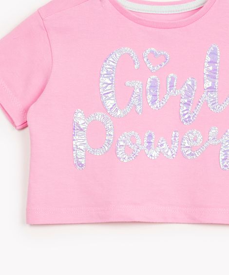 blusa de algodão infantil girl power manga curta rosa chiclete