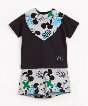 conjunto de algodão infantil manga curta com bandana Mickey cinza