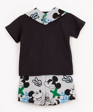 conjunto de algodão infantil manga curta com bandana Mickey cinza