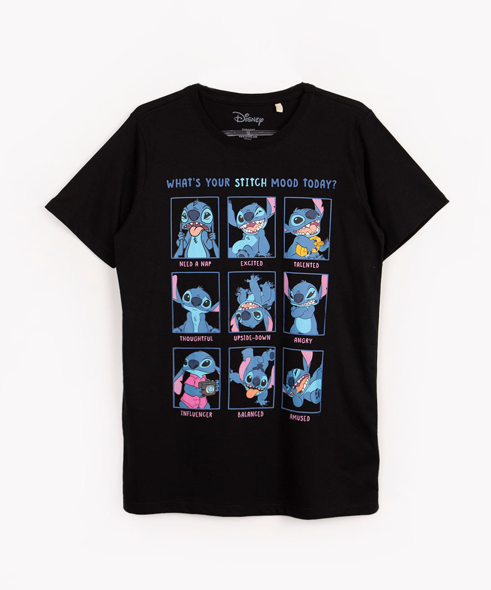 camiseta de algodão infantil Stitch manga curta preta