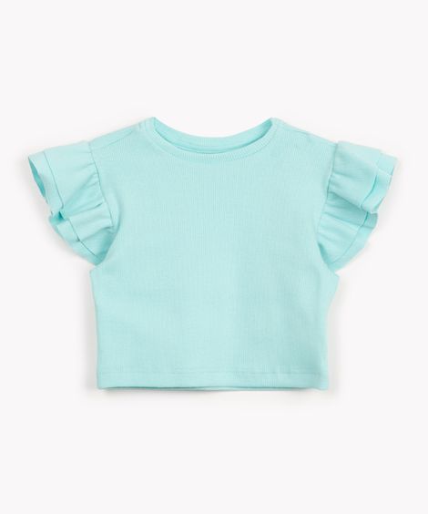 blusa infantil de malha canelada com babado azul claro