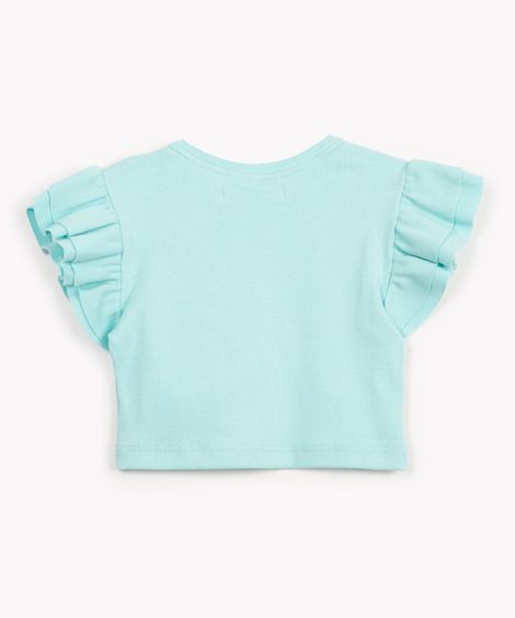 blusa infantil de malha canelada com babado azul claro