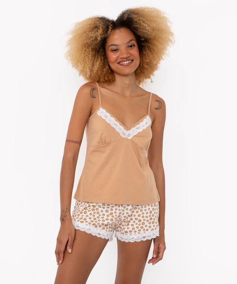 pijama malha de algodão florzinha alças finas marrom