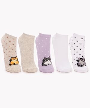 kit de 5 pares de meias cano baixo gatinho multicor