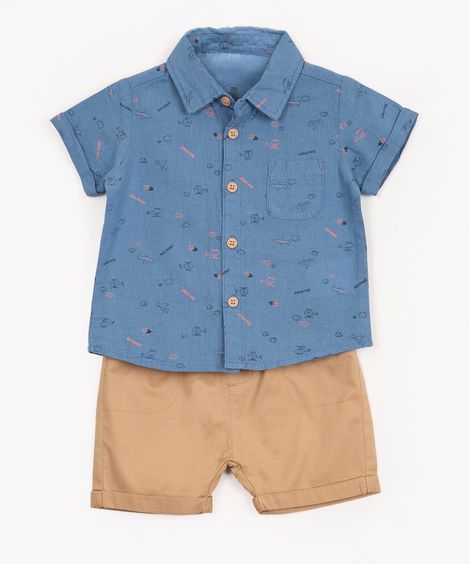 conjunto infantil avião nuvem manga curta kaki