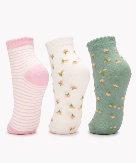 kit de 3 pares de meias infantis cano baixo floral colorido