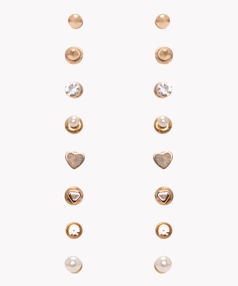kit de 8 pares de brincos strass e coração dourado