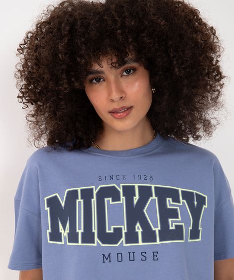 cropped de moletinho Mickey manga curta azul claro
