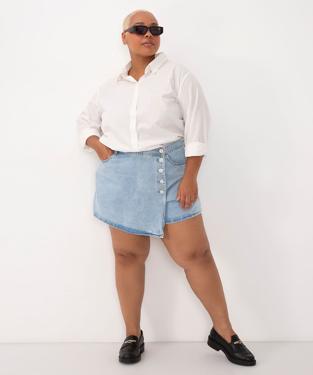 short mom jeans plus size destroyed cintura super alta azul médio azul  médio - C&A