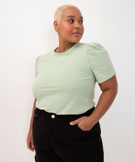 blusa básica plus size manga bufante verde claro