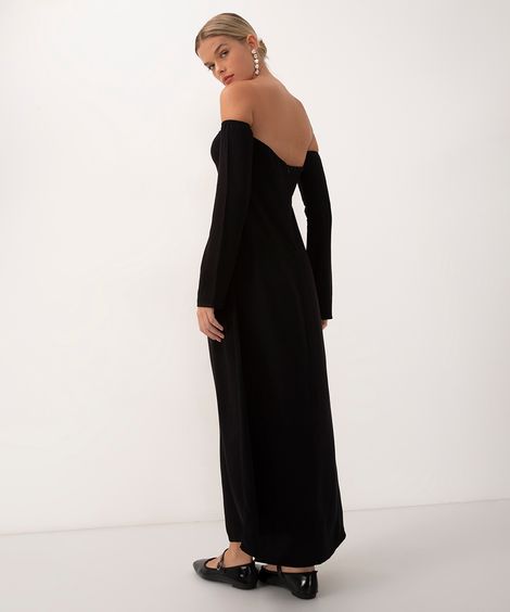 vestido longo ombro a ombro manga longa mindset preto