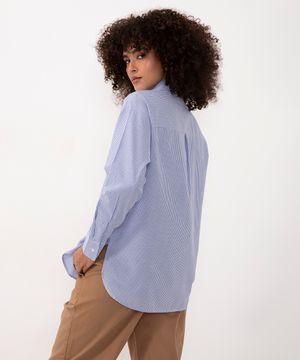 camisa de algodão listrada manga longa azul