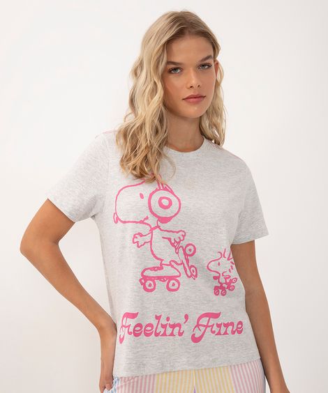 camiseta de algodão snoopy manga curta  cinza mescla escuro