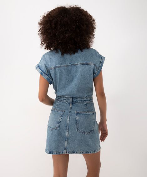 vestido jeans curto manga curta japonesa azul médio