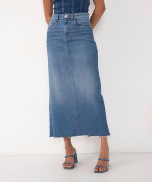 saia jeans longa com fenda cintura super alta azul médio