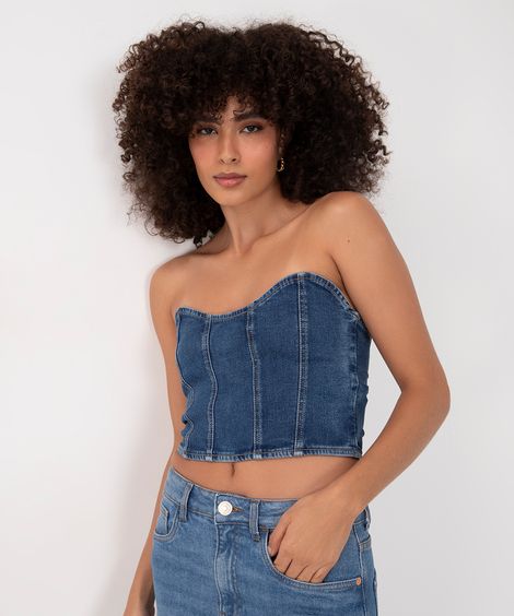 corset jeans decote coração azul escuro