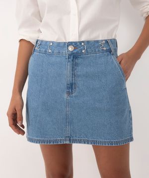 saia jeans cintura regulável azul médio