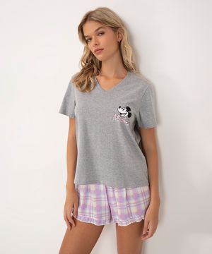 camiseta de pijama mickey manga curta cinza mescla