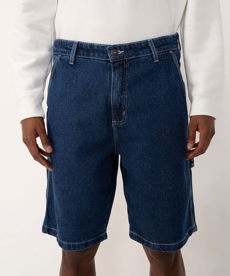 bermuda jeans com bolsos e alça azul médio