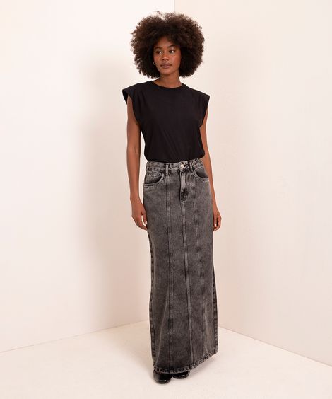 saia jeans longa com recortes e fenda cintura alta mindset preta