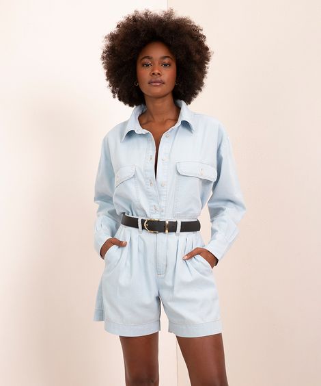 camisa jeans alongada com bolsos manga longa mindset azul claro