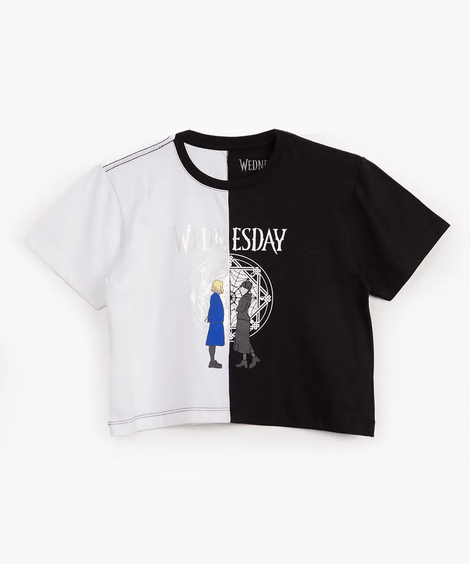 camiseta de algodão juvenil bicolor wandinha manga curta preta