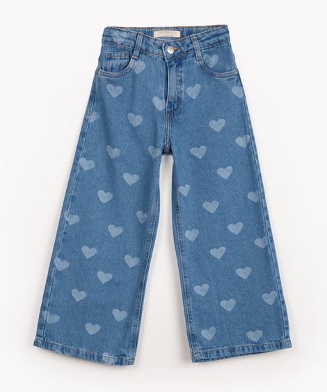 calça jeans infantil wide leg corações azul escuro