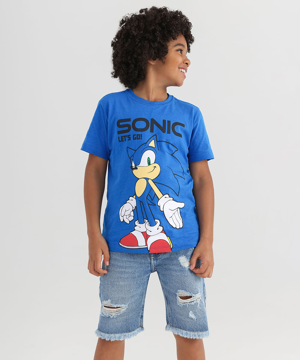 Camiseta Infantil Estampa Sonic - Tam 4 a 12 Anos Azul