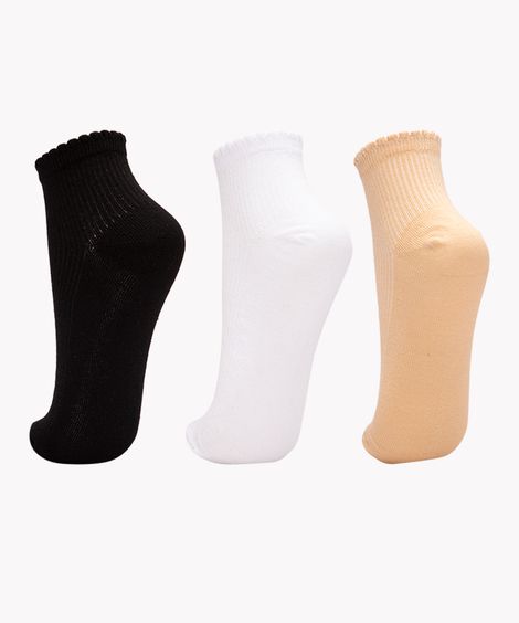 kit de 3 pares de meias cano médio com fru fru multicor
