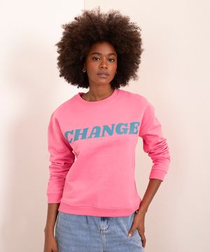 Blusão Oversized de Moletom "Change" Decote Careca Mindset Rosa