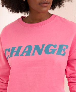 Blusão Oversized de Moletom "Change" Decote Careca Mindset Rosa