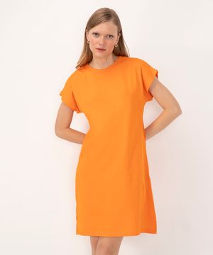 vestido curto de algodão básico manga curta laranja médio