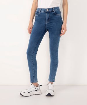 calça jeans skinny cintura alta com bolsos sawary azul médio