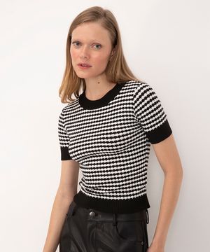 blusa de tricot listrada manga curta preta