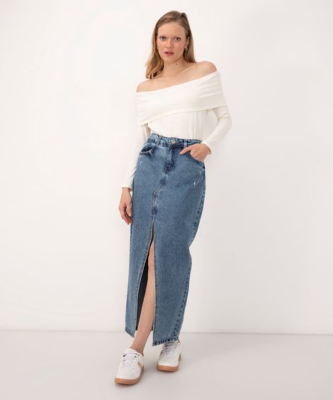 saia jeans longa cintura alta com fenda sawary azul médio