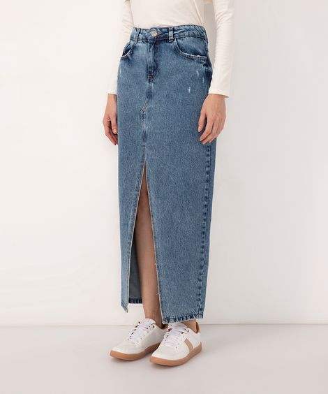 saia jeans longa cintura alta com fenda sawary azul médio