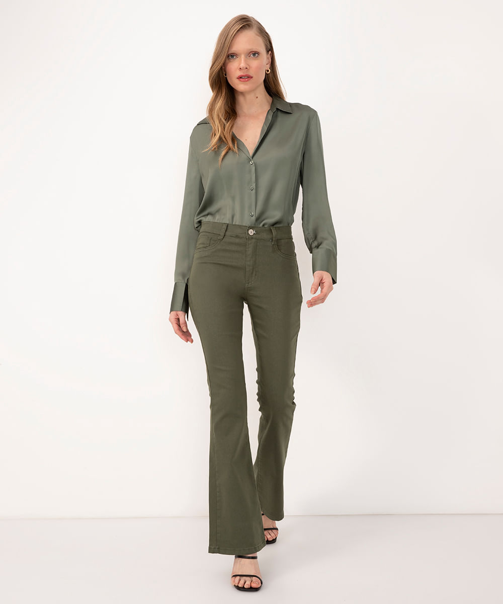 Calça cintura alta com bolsos - Calça reta Jenara cintura alta poliéster  verde - FLARE