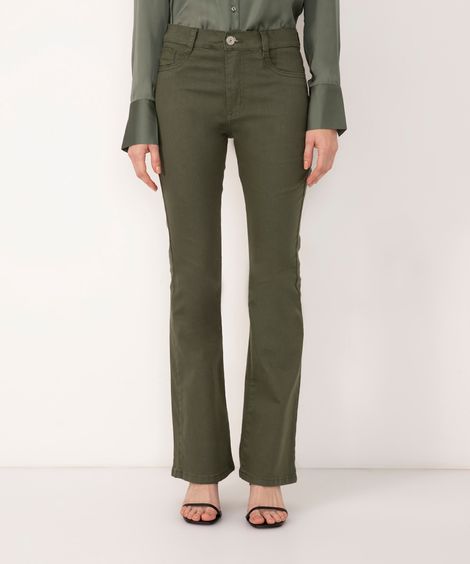 calça de sarja flare cintura alta com bolsos sawary verde