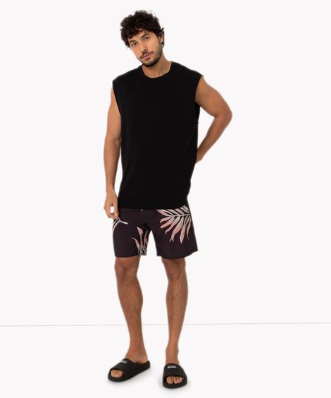 bermuda boardshort com bolso folhagem preto